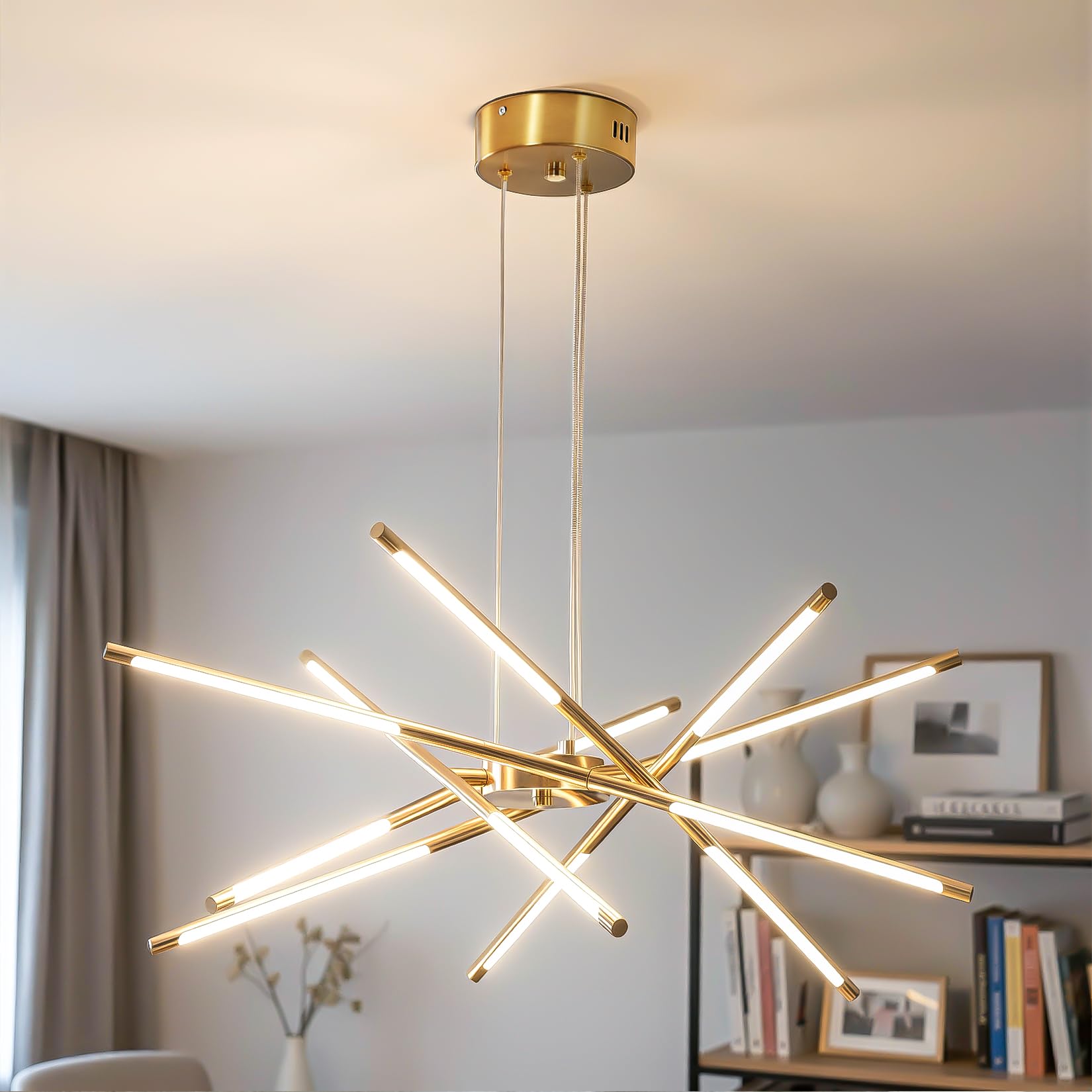 GOLD KING ロングワンマン灯 Fang Yan Mei Modern Gold Chandelier, 12-Light LED Linear Pendant